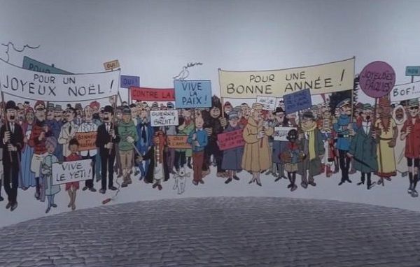 Painel final da exposição que reproduz um cartão de boas festas dos Studios Hergé  |  © Hergé/Moulinsart 2016