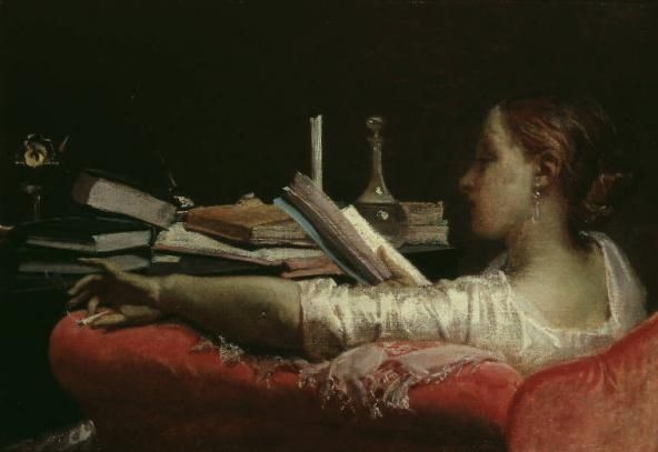 Pormenor da pintura Lettrice (Clara) de Federico Faruffini, ca. 1865